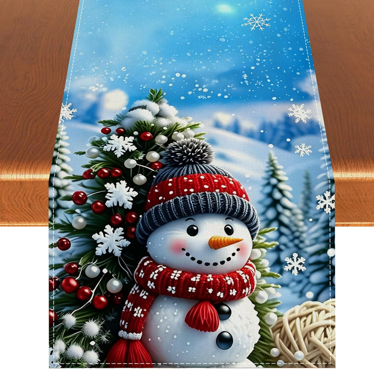 Artscope Reindeer Snowman Christmas Tree Table Runner, Xmas Winter Snowflakes Holiday Kitchen Dining Table Decoration for Christmas Home Party Decor 13x120 Inch-Red