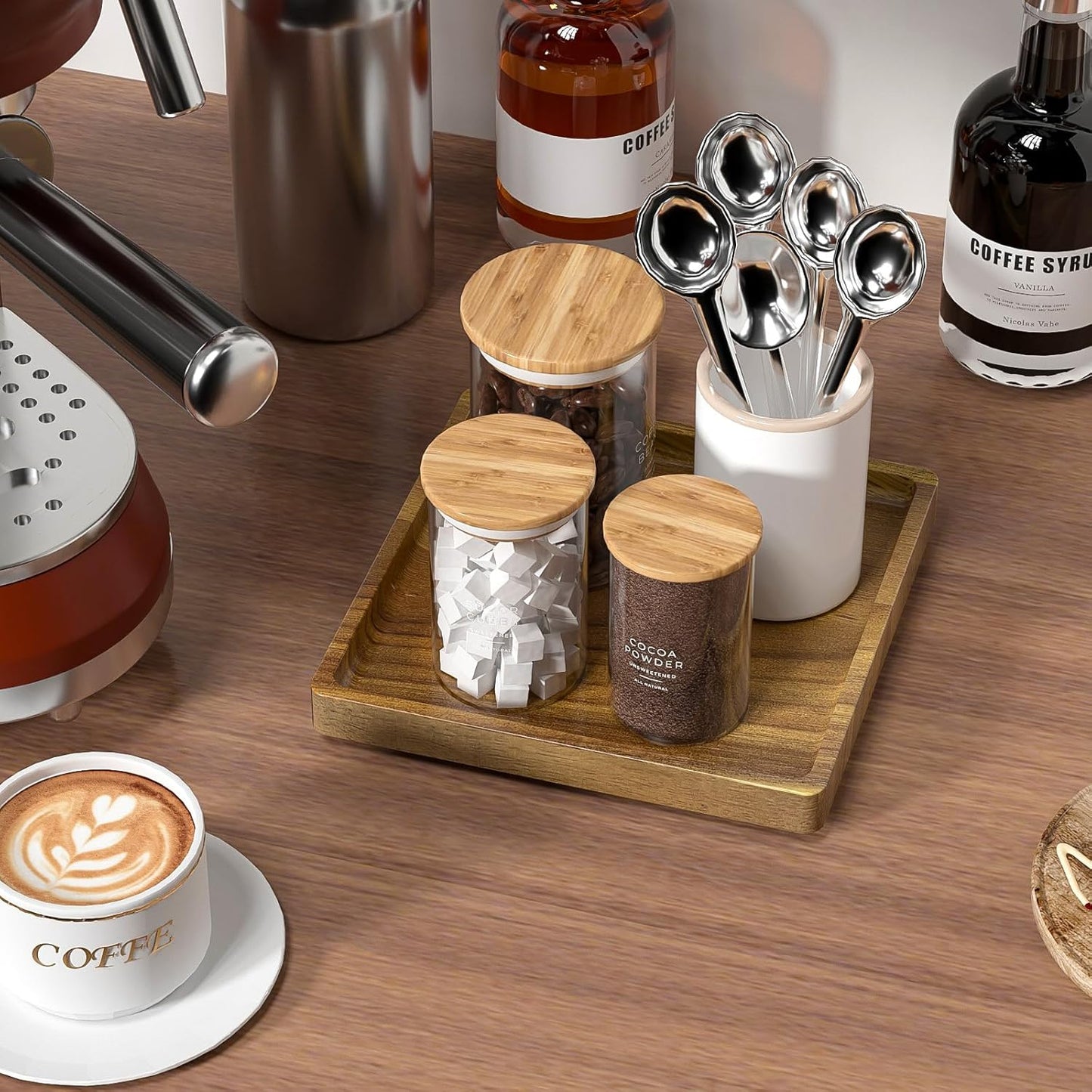 Square Wood Bathroom Vanity Tray for Soap Dispenser / Acacia / 7.9 x 7.9 x 0.8