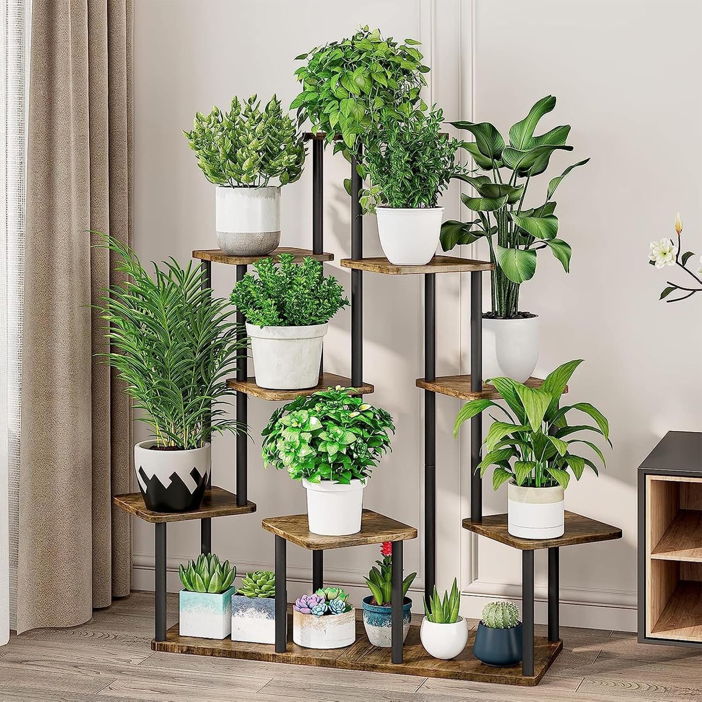 9 Tier Plant Stand Indoor, Thickened Metal Wood Corner Plant Shelf Stands for Multiple Plants, Indoor Tall Plants Stand