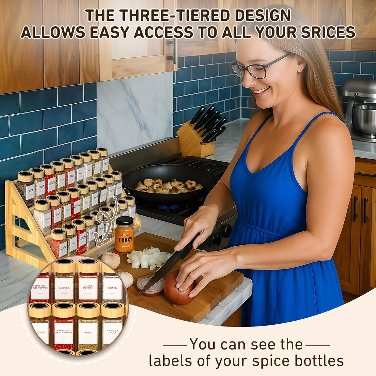 Bamboo Spice Rack - 3 Tier Spices Rack Kitchen Cabinet Organizer for Kitchen, Countertop Seasoning Storage Organizer