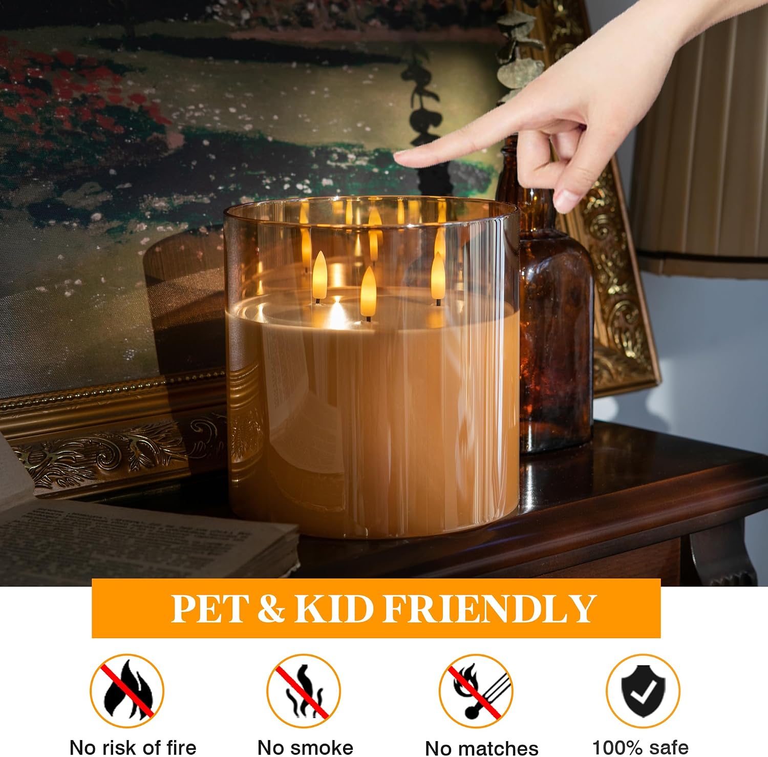 Extra Large Flameless Candles with 3 Wicks, 6"x6" Glass Battery Operated Candles with Remote, Real Wax Flickering LED