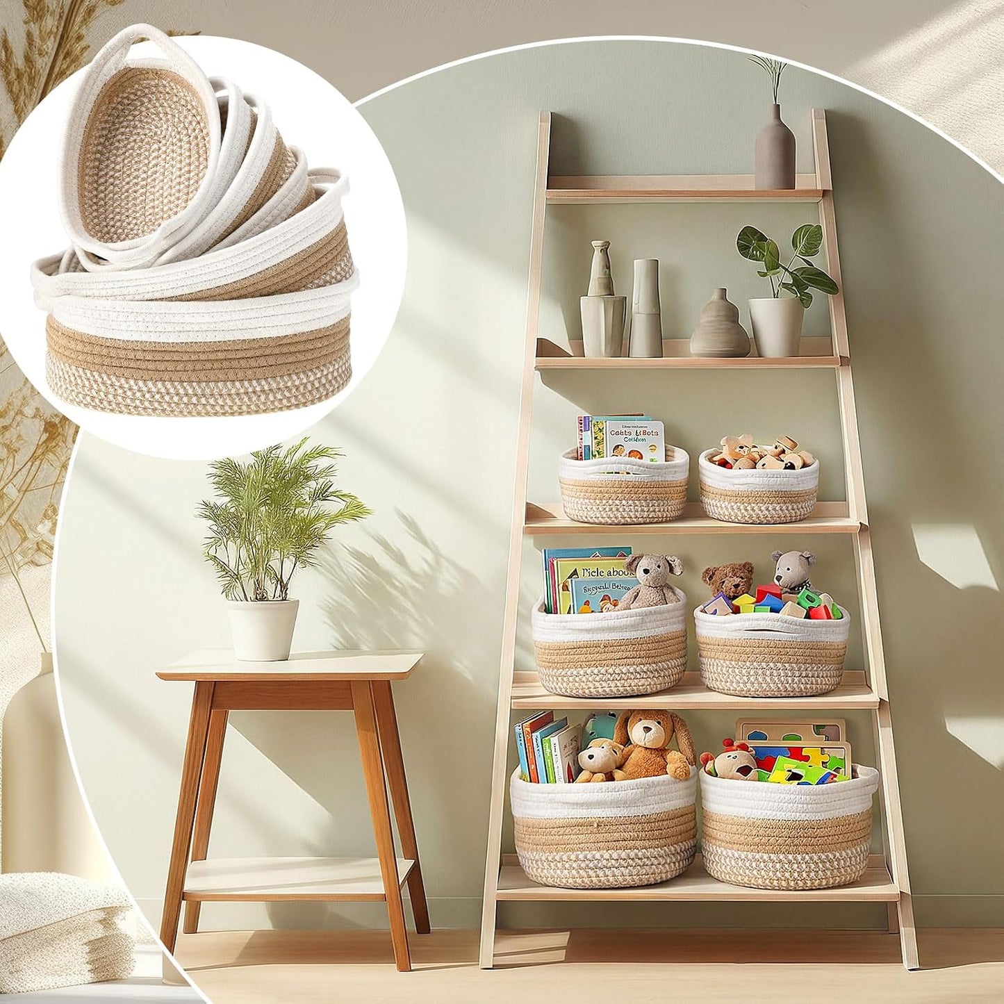 Boho Cotton Rope Storage Baskets for Organizing 3 Sizes Woven Shelf Basket Set Decorative / Set of 6