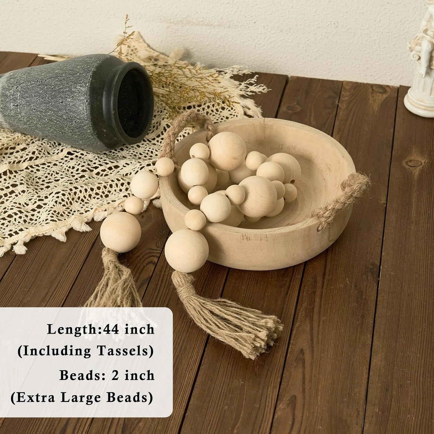 2" Extra Large Wood Bead Garland / Nature Beige / 44 Inches