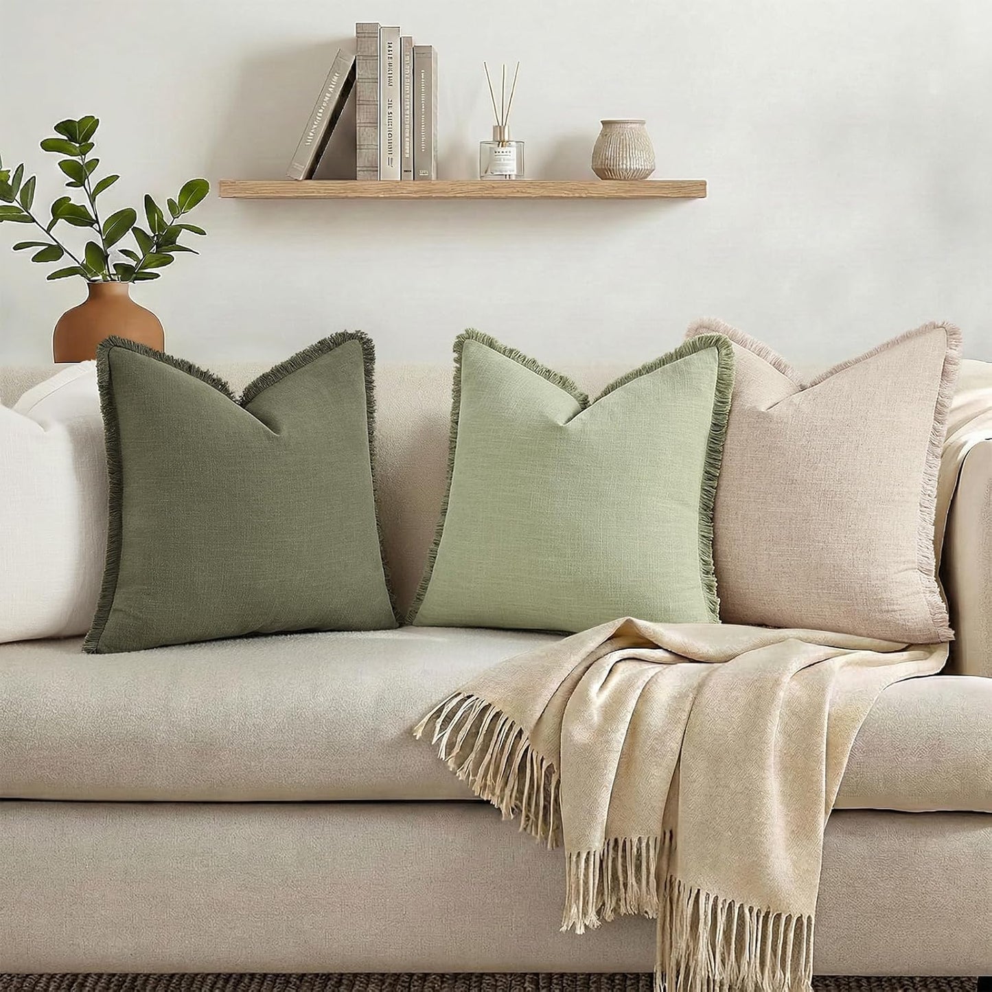 Summer Decorative Neutral Linen Fringe Throw Pillow Covers / Natural Beige / 18 x 18 / Set of 2