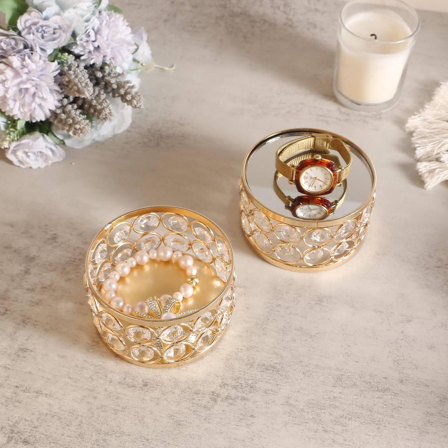 Crystal Display Stands Round Mirrored Risers Decorative Jewelry Perfume Stand / Gold / Set of 3