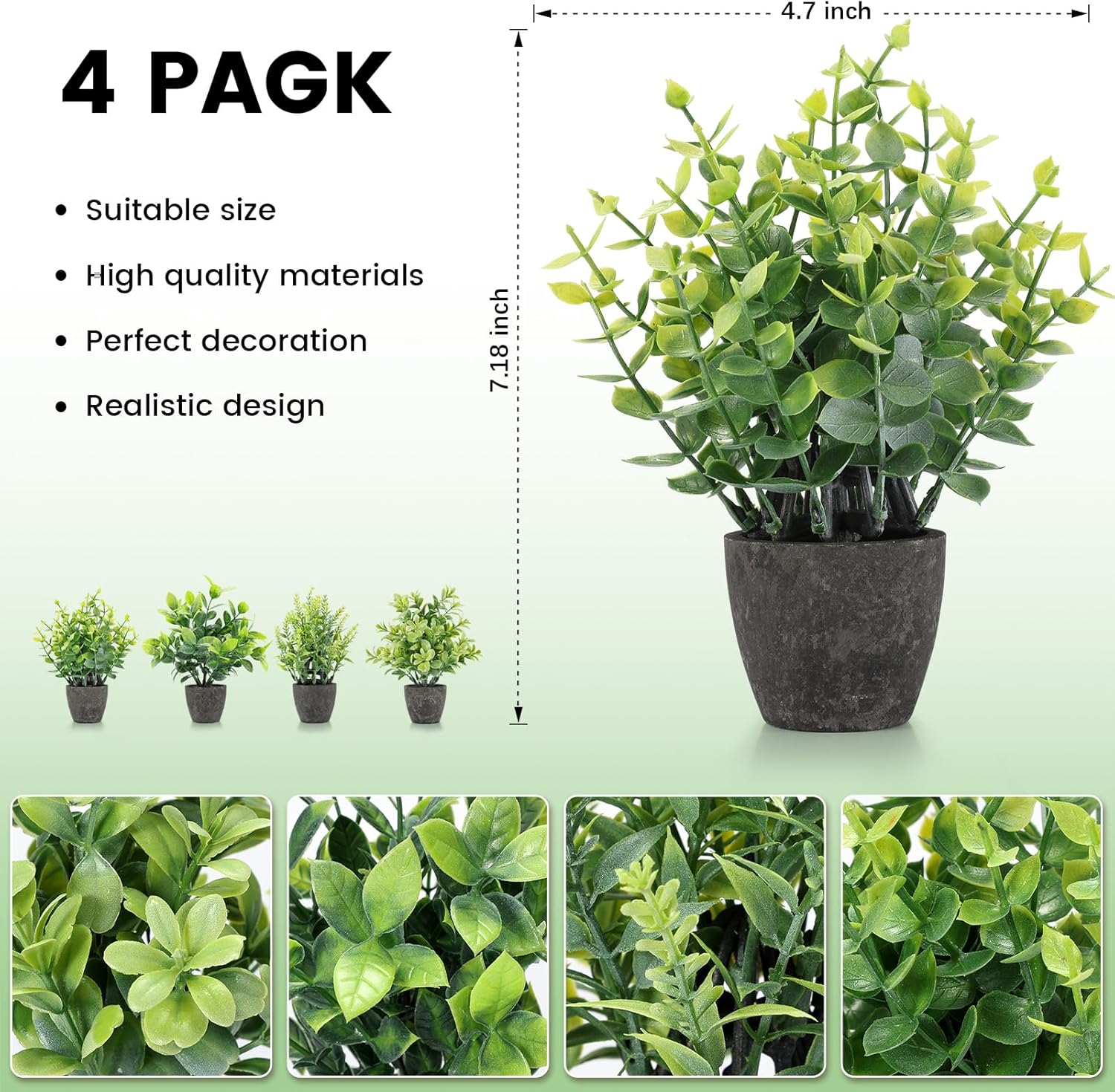 Fake Plants Ceramic Mini Artificial Greenery Potted Plants / Black / Set of 4