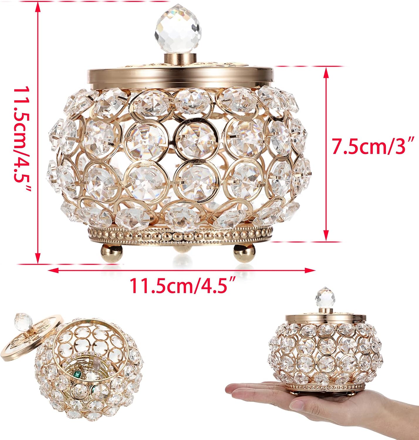 Glass Lid Trinket Organizer Mirrored Treasure Box Ring Holder Earrings Necklace / Small / Gold