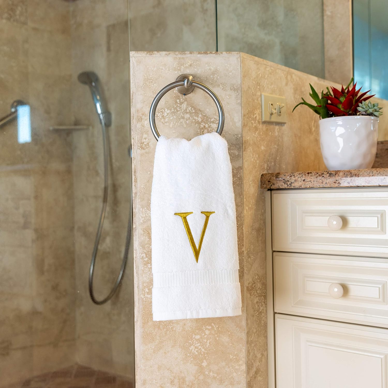 White with Gold Monogrammed Hand Towels for Bathroom - Set of 2 Letter V | Luxury Hotel Quality Initial Towels For