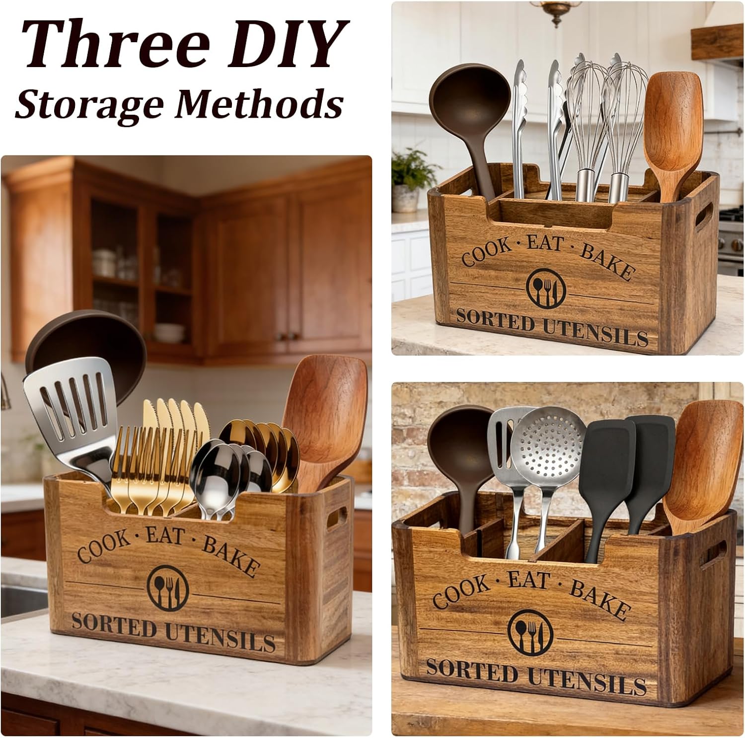 2-in-1 Acacia Wood Kitchen Utensil Holder with Removable Caddy | Farmhouse Kitchen Utensil Holder for Countertop