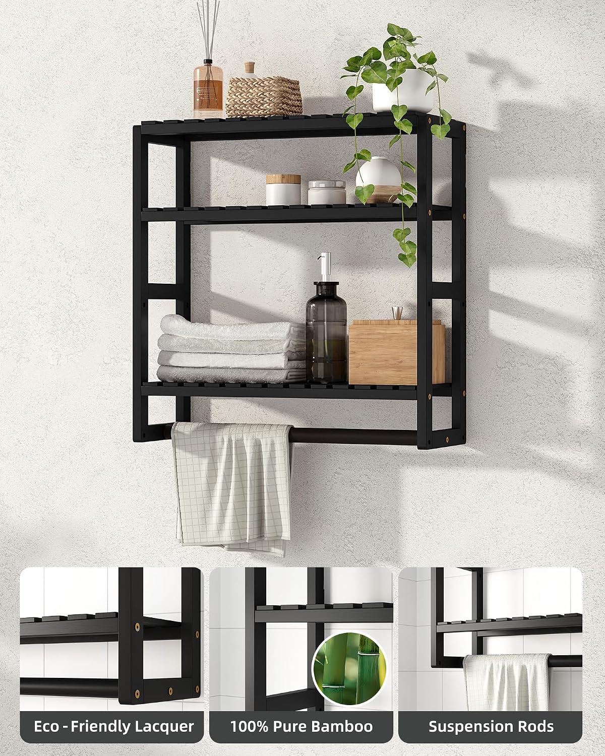 Galood Over The Toilet Storage Bathroom Shelves Wall Mounted 3 Tier Black-L | Space Saver Corner Shelf Organizer Bamboo