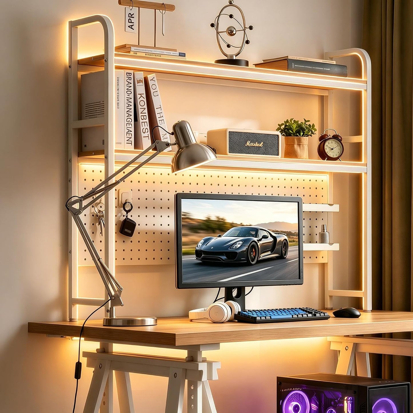 deli Desktop Shelf, Desk Hutch with Metal Pegboard, White | 2-Tier Desktop Display Rack With 4 Accessories