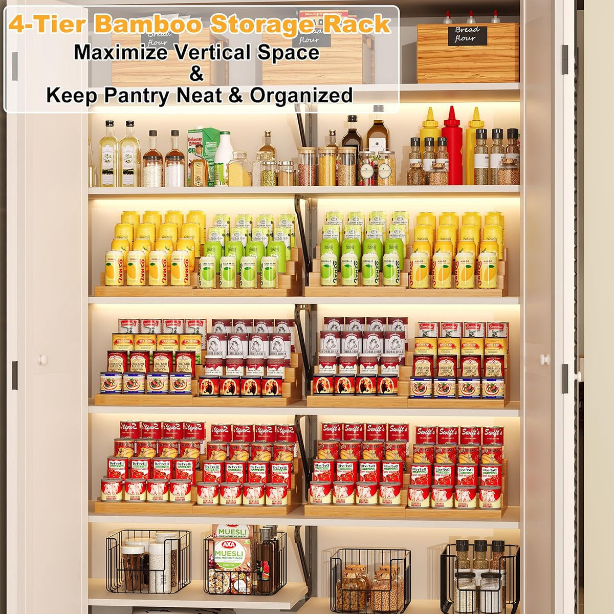 4-Tier Expandable Bamboo Can Storage Rack for Pantry, Holds Up to 32 Cans | Adjustable Can Organizer & Soda Can