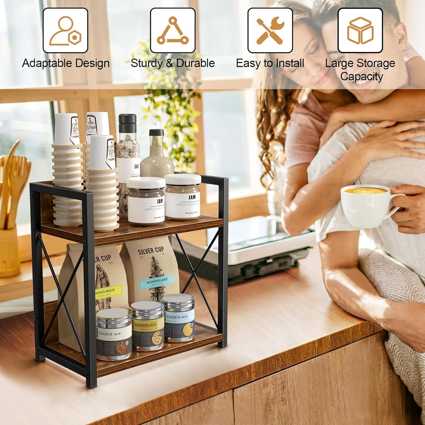 Giikin Kitchen Countertop Organizer, 2 Tier Spice Rack Organizer for Pantry, Kitchen Counter Shelf Wood Coffee Station