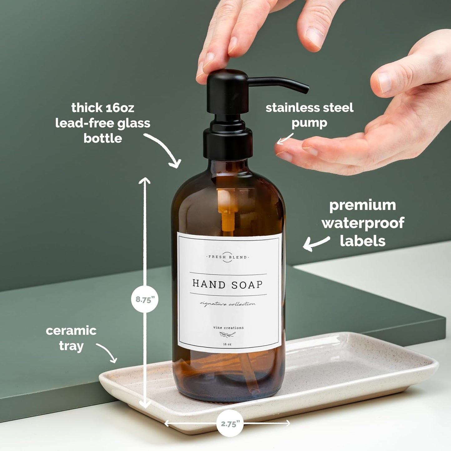 Vine Creations Amber Glass Soap Dispenser, 2 Pack Kitchen Soap Dispenser Set with Ceramic Tray, Stainless Steel Pump