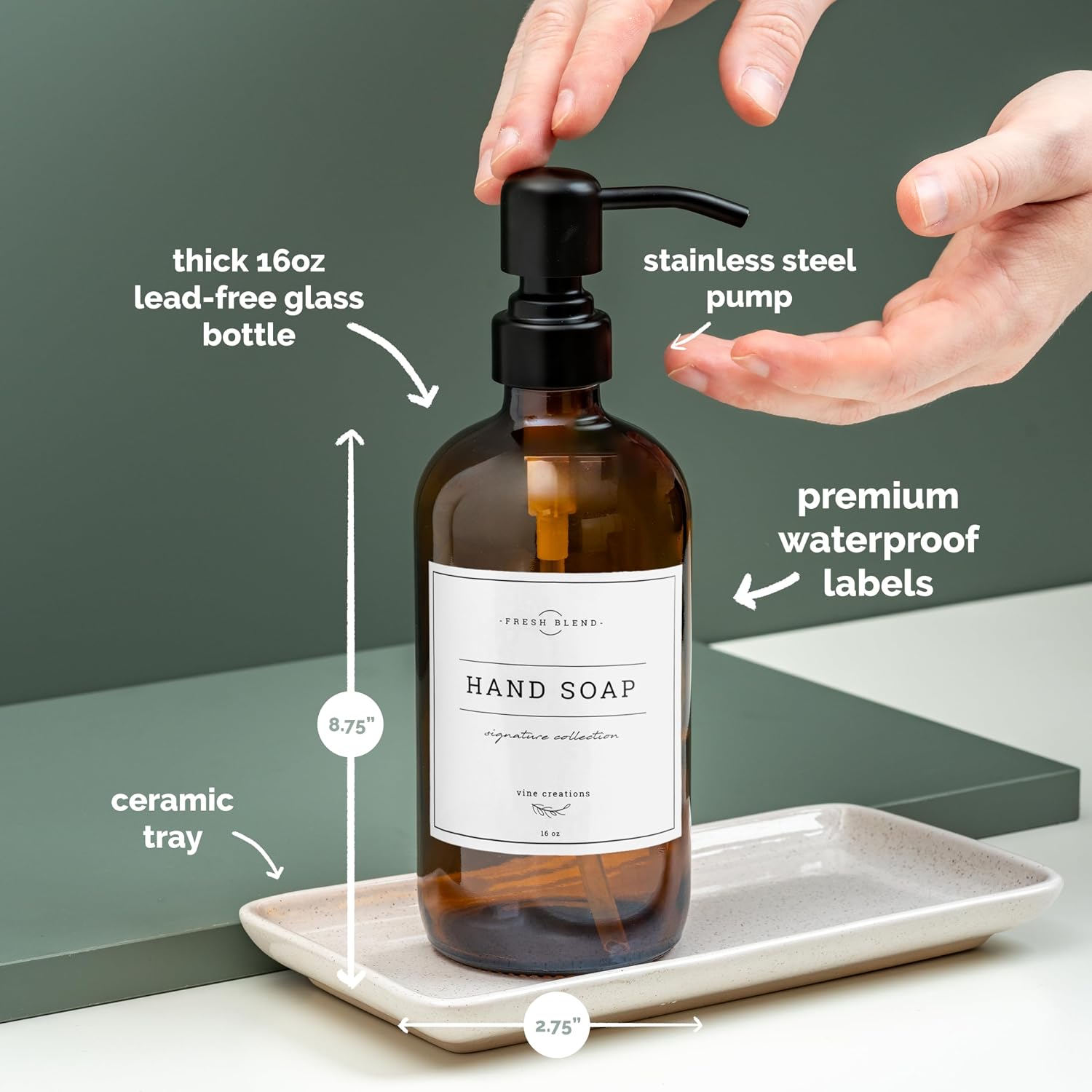 Vine Creations Amber Glass Soap Dispenser, 2 Pack Kitchen Soap Dispenser Set with Ceramic Tray, Stainless Steel Pump
