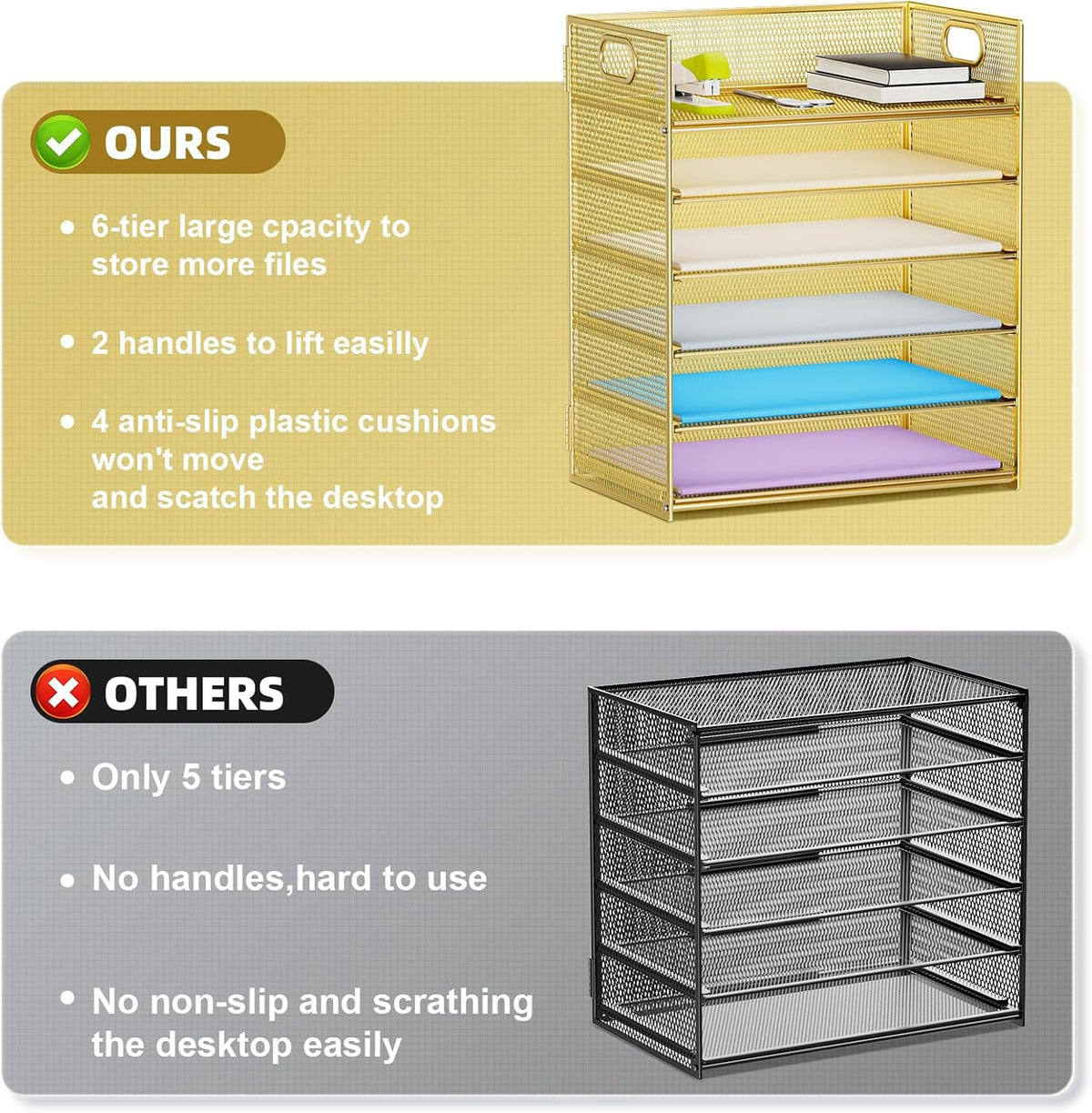 Marbrasse Paper Letter Tray Organizer - 6 Tier Mesh File Organizer with Handle, Paper Sorter Organizer for Letter/A4