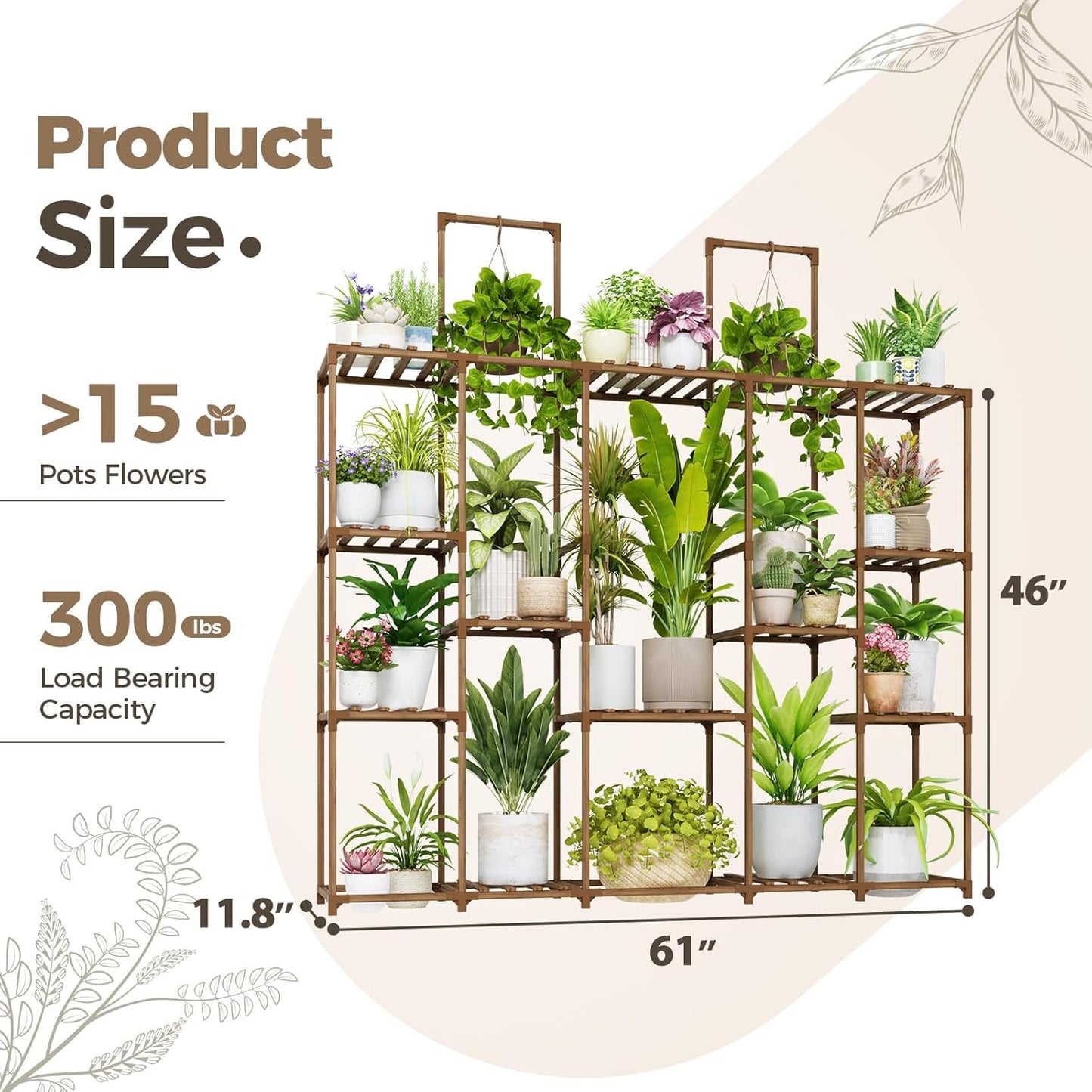 Bamworld Large Plant Shelf Plant Stand Indoor 62.2" Tall Outdoor Plant Holder Wood for Multiple Plants Hanging Plant