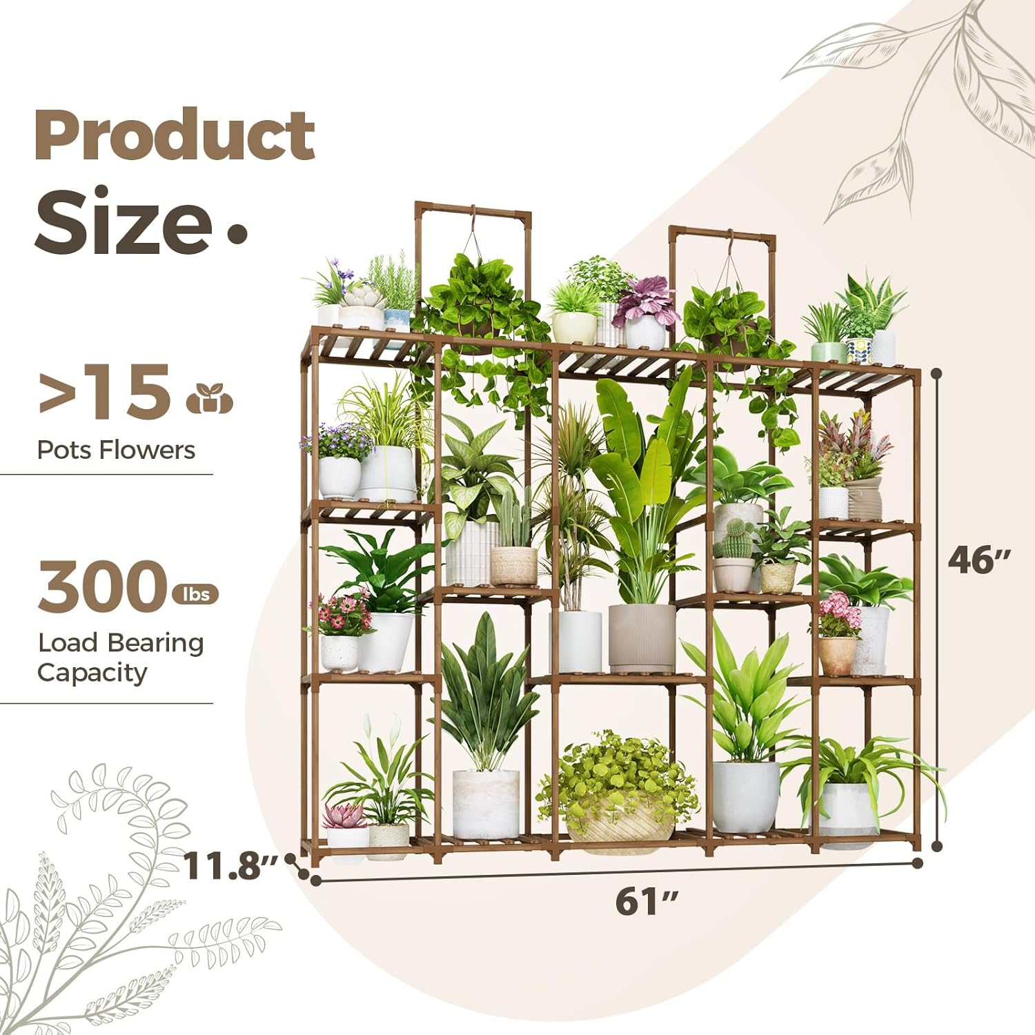 Bamworld Large Plant Shelf Plant Stand Indoor 62.2" Tall Outdoor Plant Holder Wood for Multiple Plants Hanging Plant