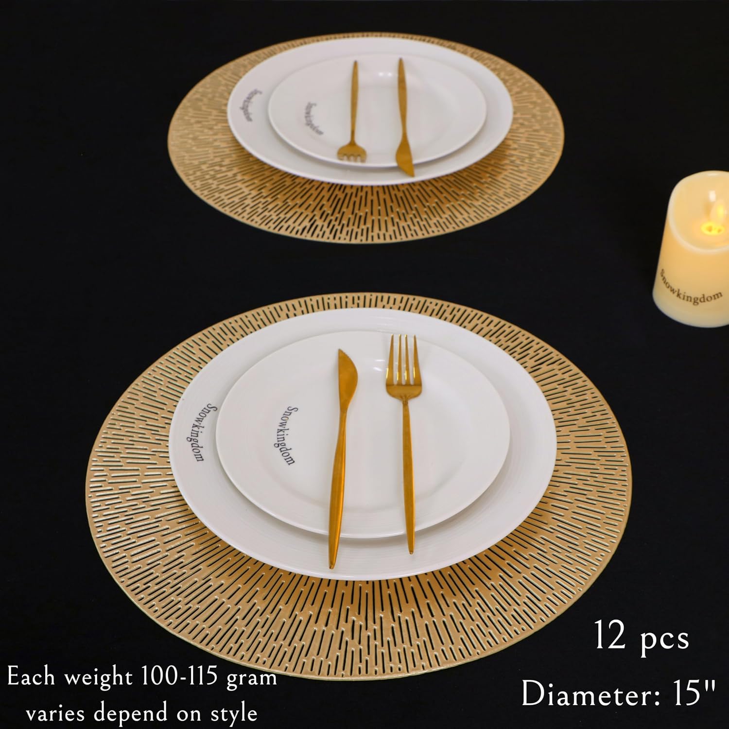 Snowkingdom Round Gold Placemats Set of 12, Gold Vinyl Metallic 15 Inch Round Placemat, Washable Wipeable Hollow Place
