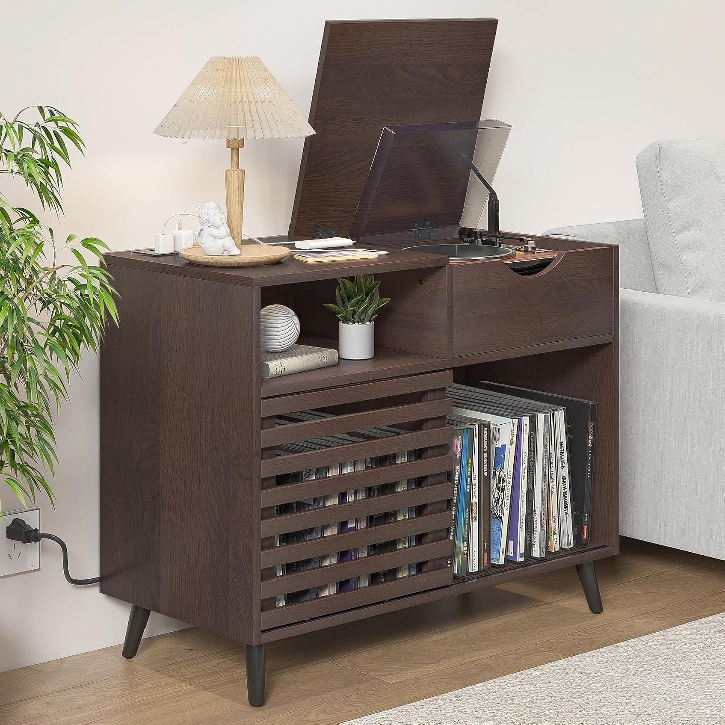 Record Player Stand, Vinyl Record Cabinet Holds Up to 200 Albums | Vinyl Storage Cabinet with Power Outlet, Turntable
