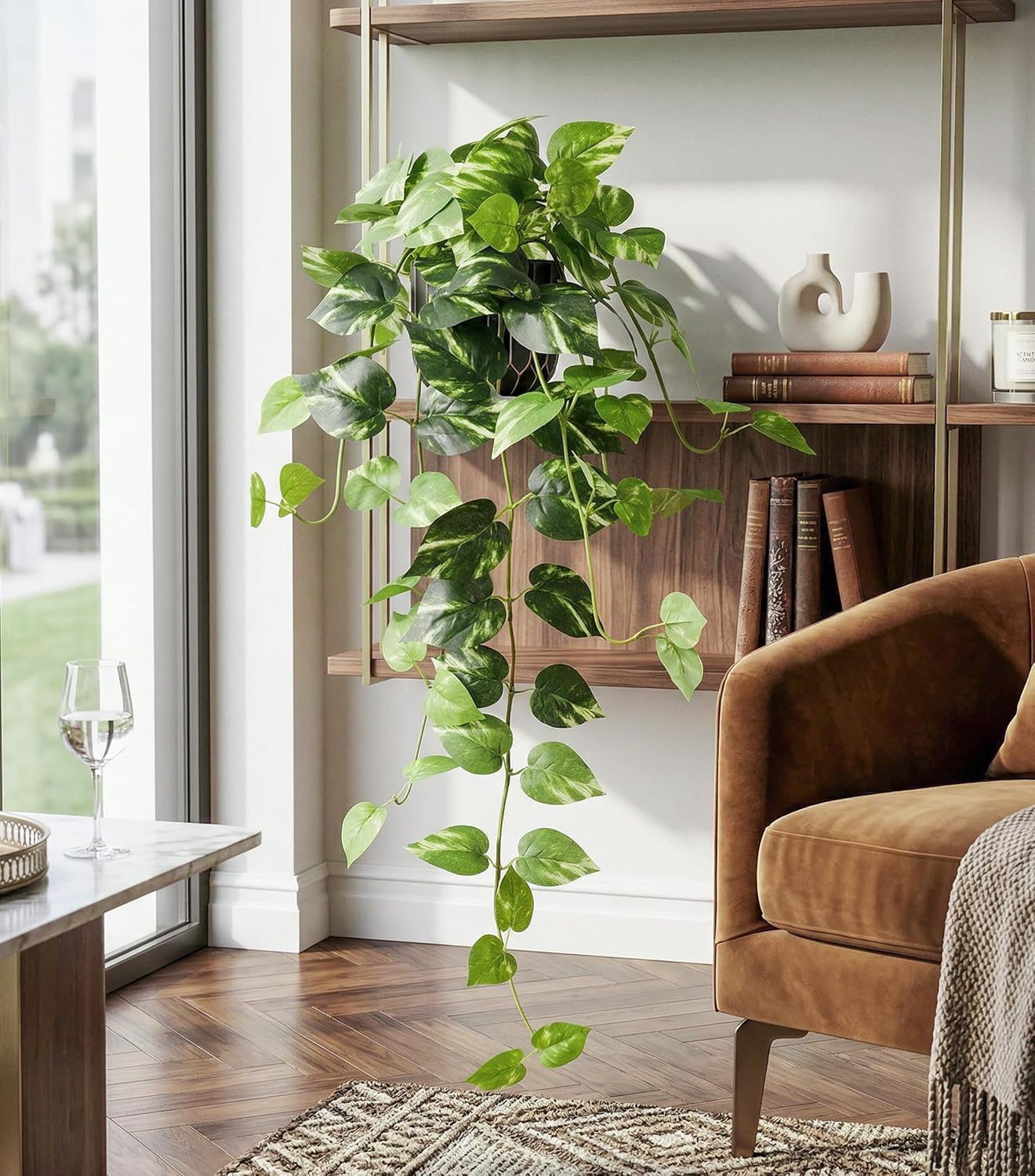 Fake Plants Faux Pothos Plants Potted Indoor Artificial / Golden Green Pothos Potted / Set of 2