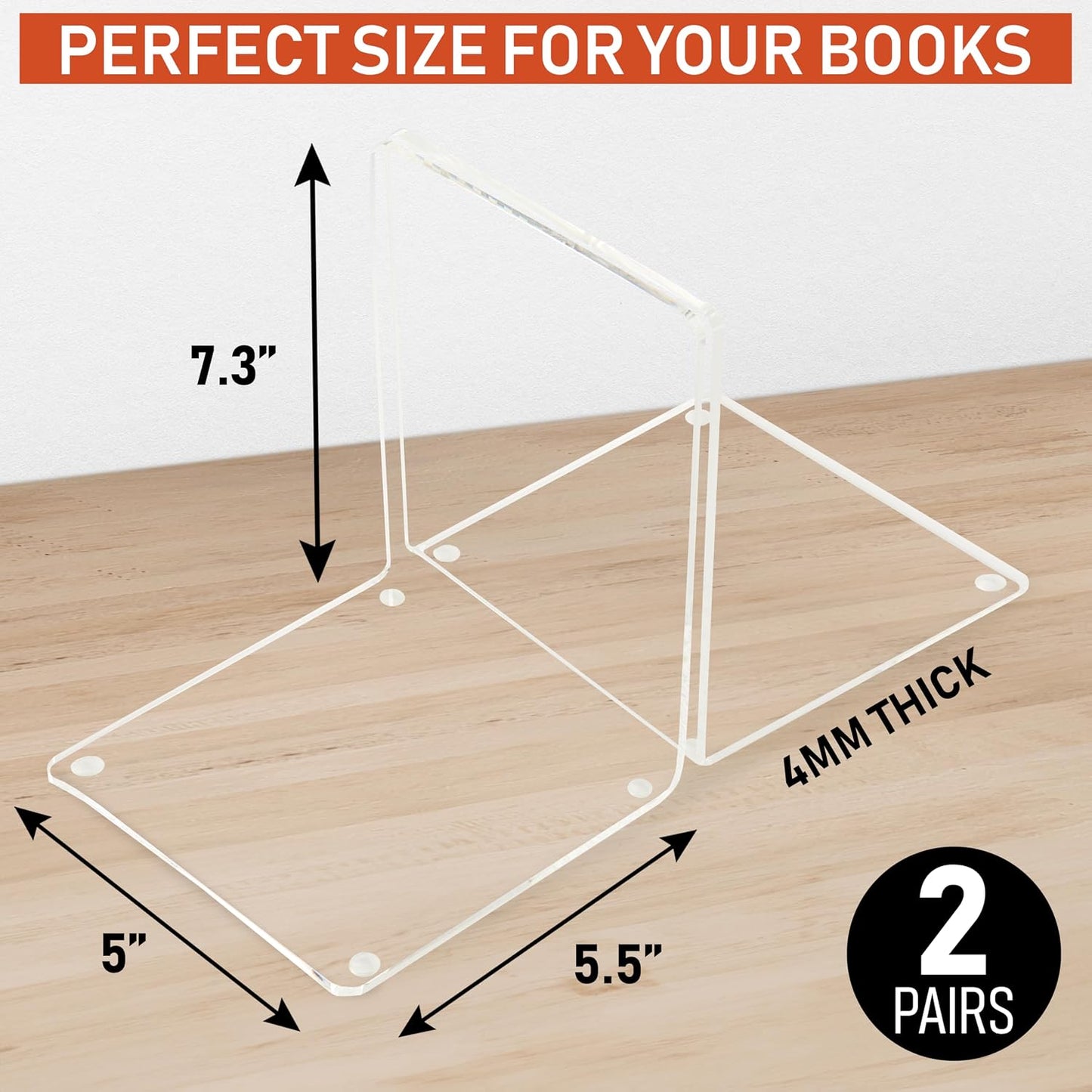 Acrylic Bookends / 4mm Heavy-Duty Non-Skid Holders for DVDs / Clear