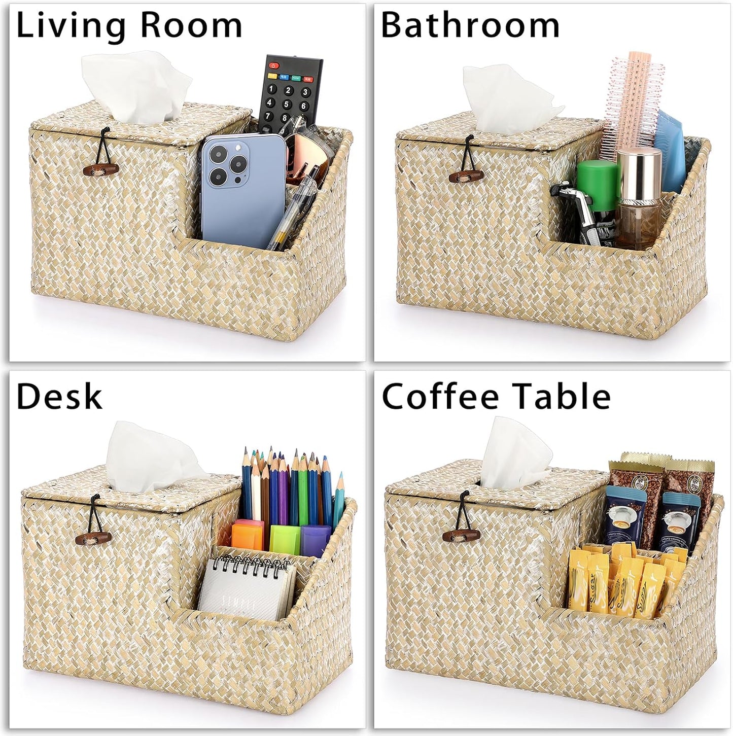 Tissue Box Cover-Square Woven Tissue Box Organizer for Desk Rustic Tissue Box / Whitewash / Seagrass