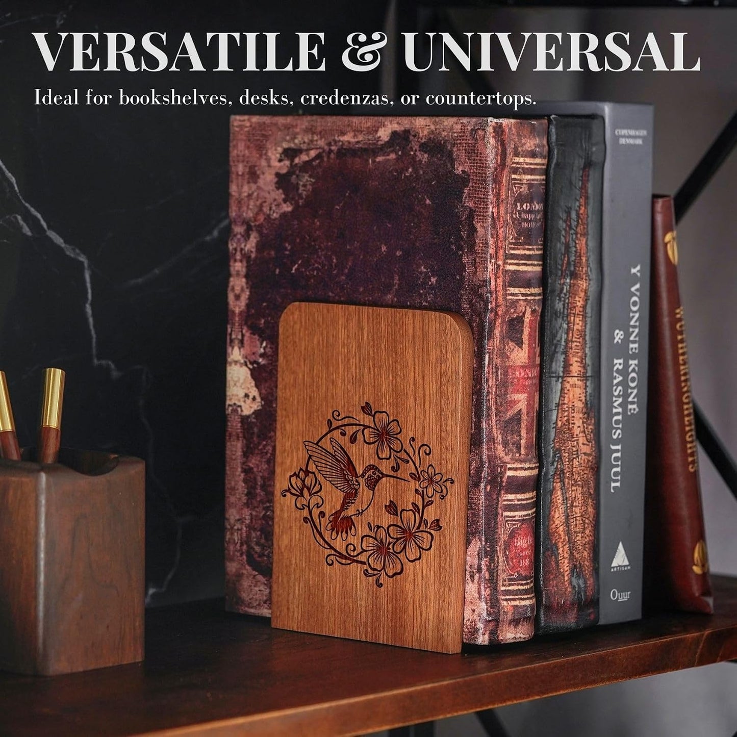 Hummingbird Wood Bookends / Heavy Duty Iron & Ebony Wood Book Ends