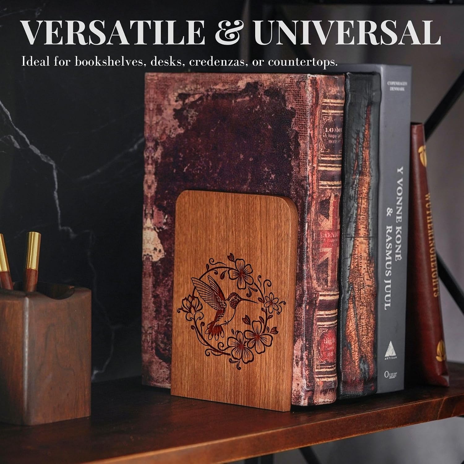 Hummingbird Wood Bookends / Heavy Duty Iron & Ebony Wood Book Ends