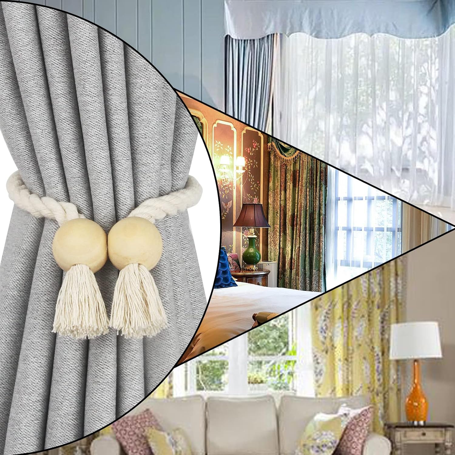 6 Pack Magnetic Curtain Tiebacks Cotton Hand Woven Tie Back Decorative Rope Holdbacks for Curtains Draperies No Tools