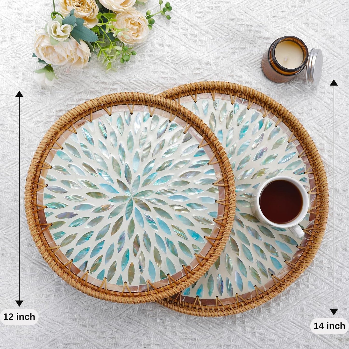 14" Large Rattan Serving Tray / Galaxy Blue / Set of 14
