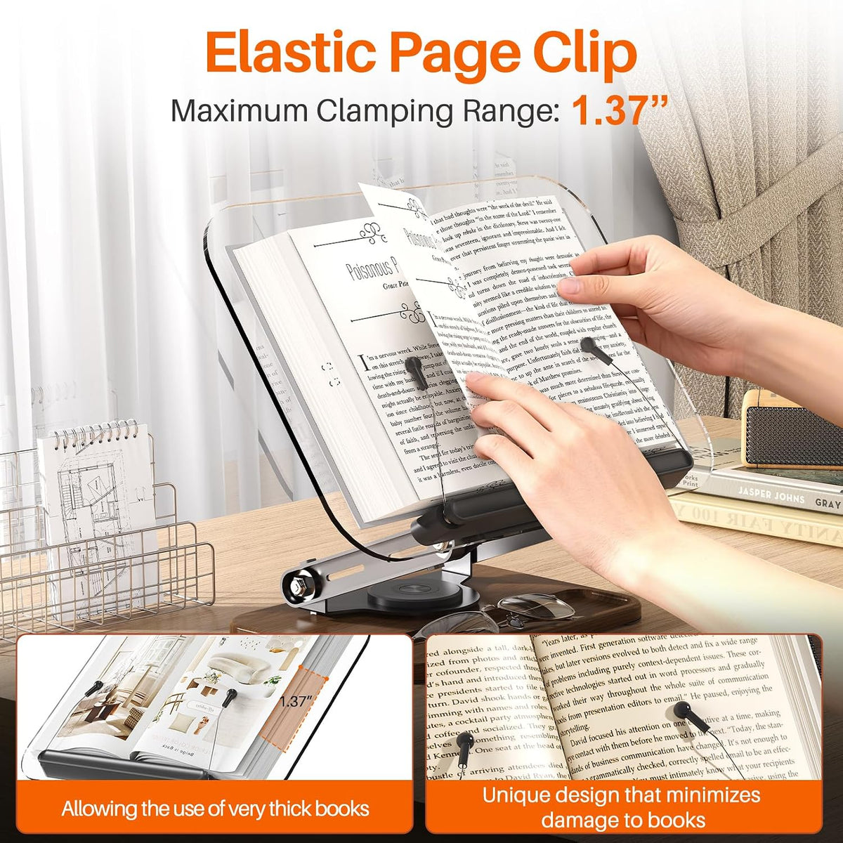 BYMECOST Acrylic Book Stand for Reading, 360°Rotating Book Holder, Black | Adjustable Height and Angle with Pen Slot