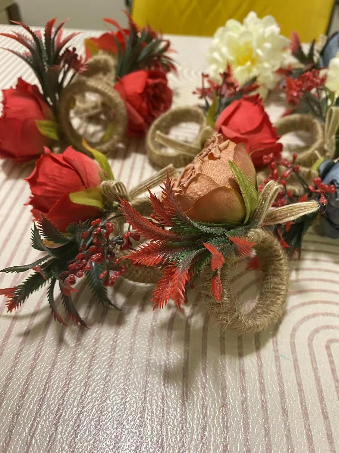 Floral Napkin Rings Set of 6,Rustic Rose Napkin Rings Flower Dinner Napkin Holder for Table Decoration(26#RED)