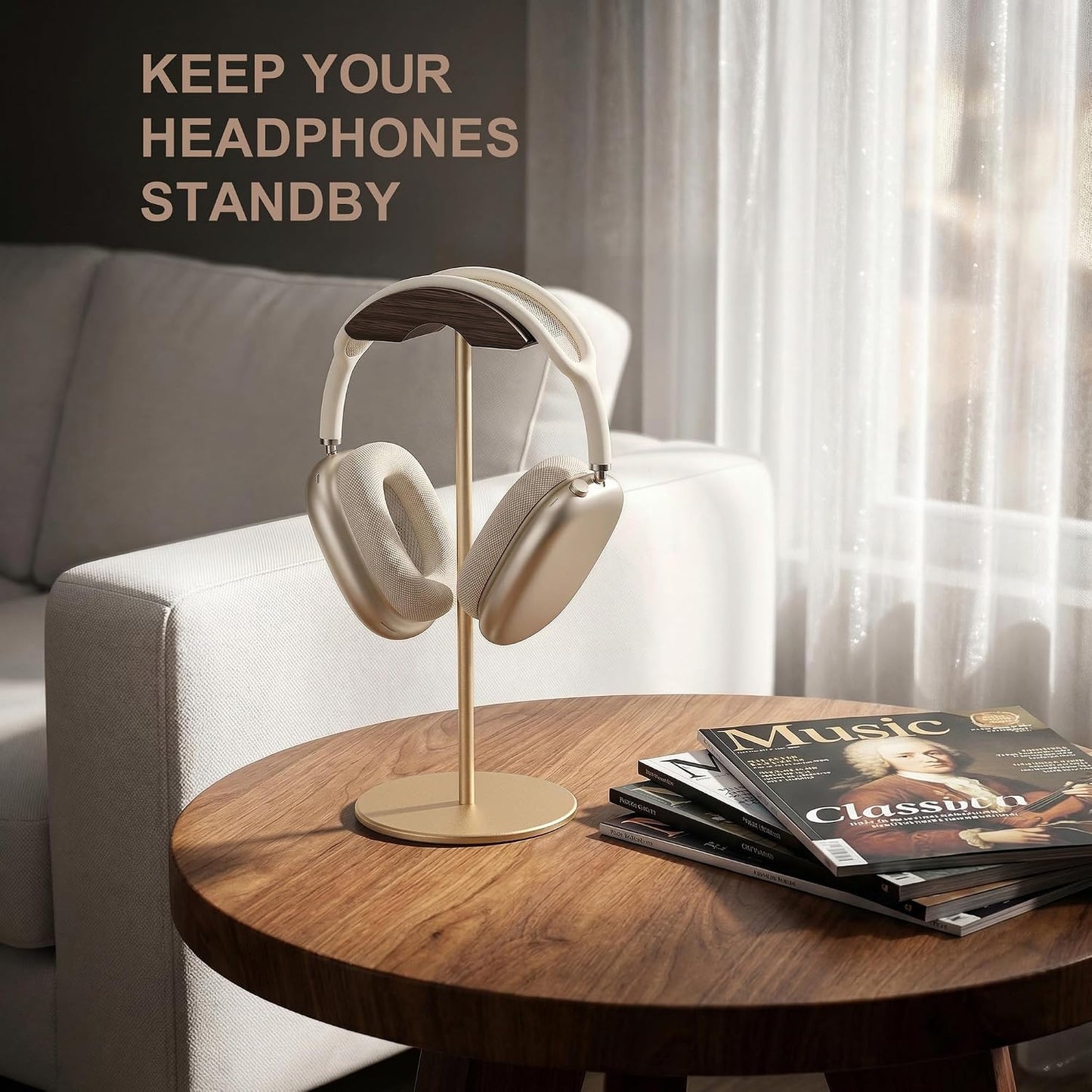 Headphone Stand, Walnut Wood & Aluminum Headset Stand, Nature Walnut Gaming Headset Holder with Solid Heavy Base for