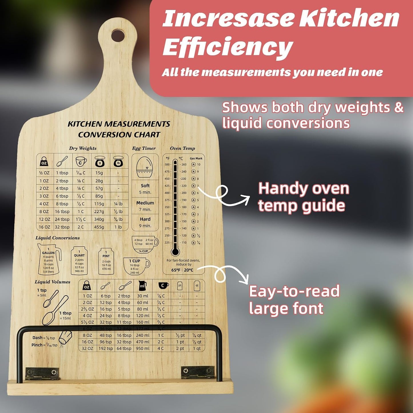 Kitchen Conversion Chart Cookbook Stand, Wood Cook Book Holder, Recipe Cookbook Holder Stand with Kitchen Counters