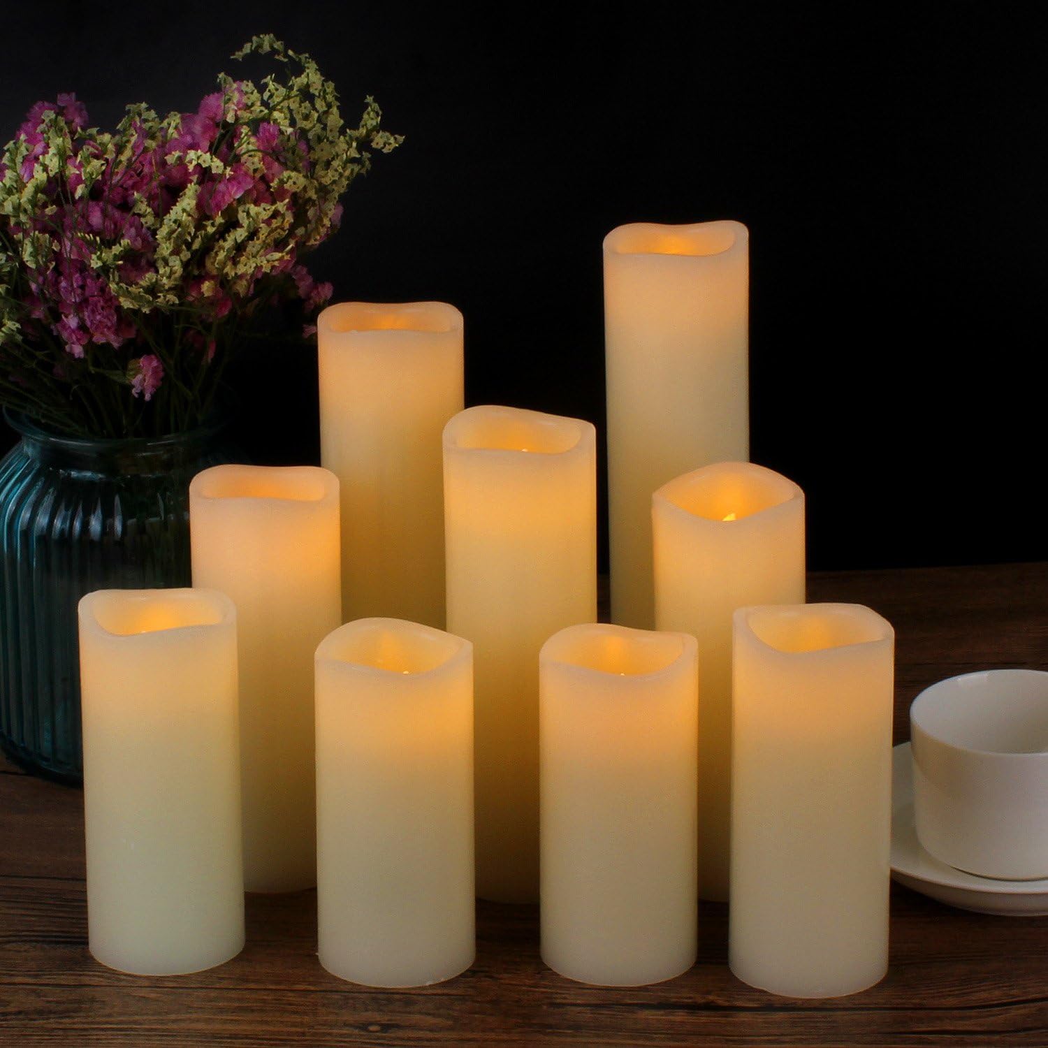 Vickiss Flameless Candles Battery Operated Candles 4" 5" 6" 7" 8" 9" Set of 9 Ivory Real Wax Pillar LED Candles with