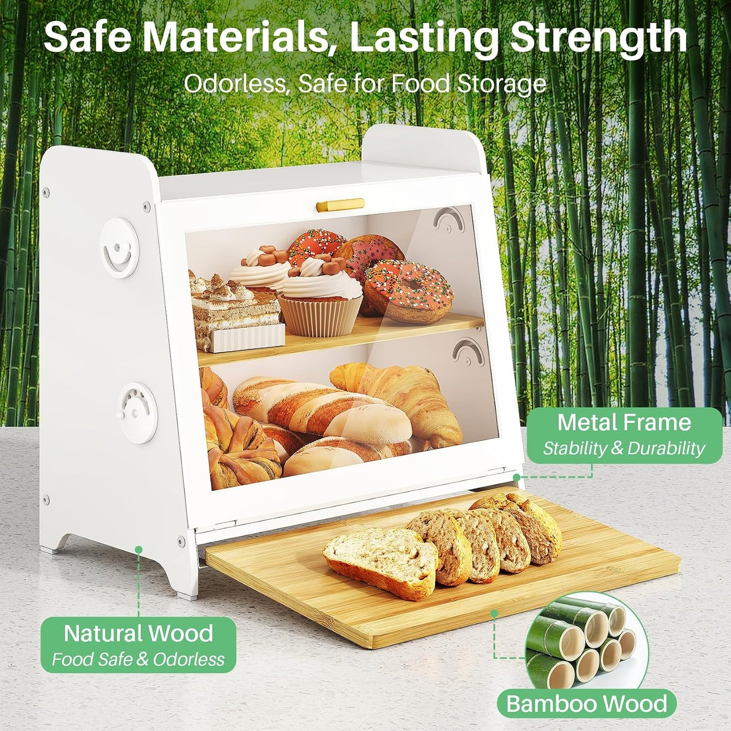 SNTD Airtight Bread Box for Kitchen Countertop, Bamboo Cutting Board, White | Adjustable Vent Hole, Sorted Storage