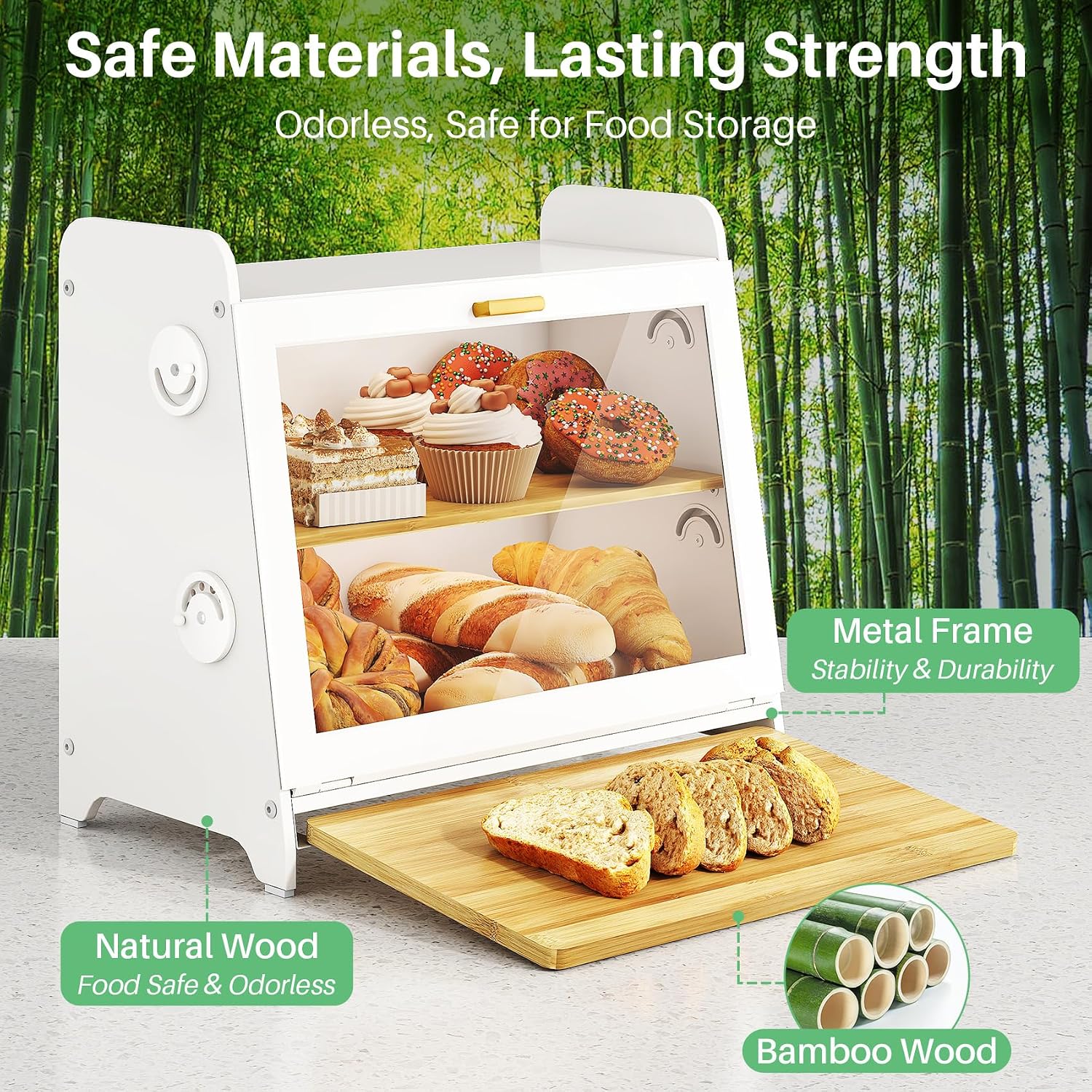 SNTD Airtight Bread Box for Kitchen Countertop, Bamboo Cutting Board, White | Adjustable Vent Hole, Sorted Storage