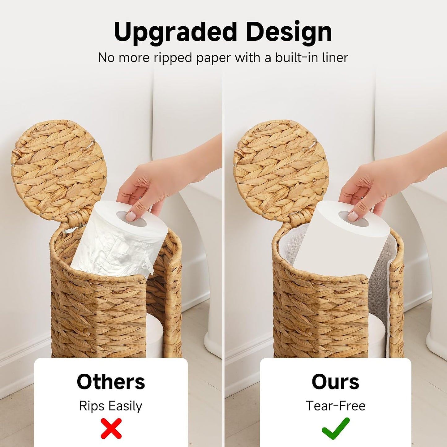 StorageWorks Water Hyacinth Free Standing Toilet Paper Holder Stand for Bathroom, 3 Rolls of Toilet Tissue Storage with