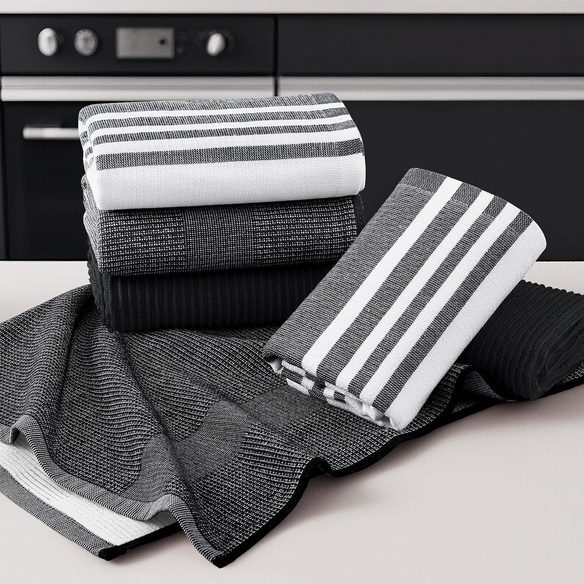 Homaxy Cotton 380 GSM Premium Kitchen Towels, 18"x 28", 12 Pack, Black | Soft and Absorbent Terry Dish Towels