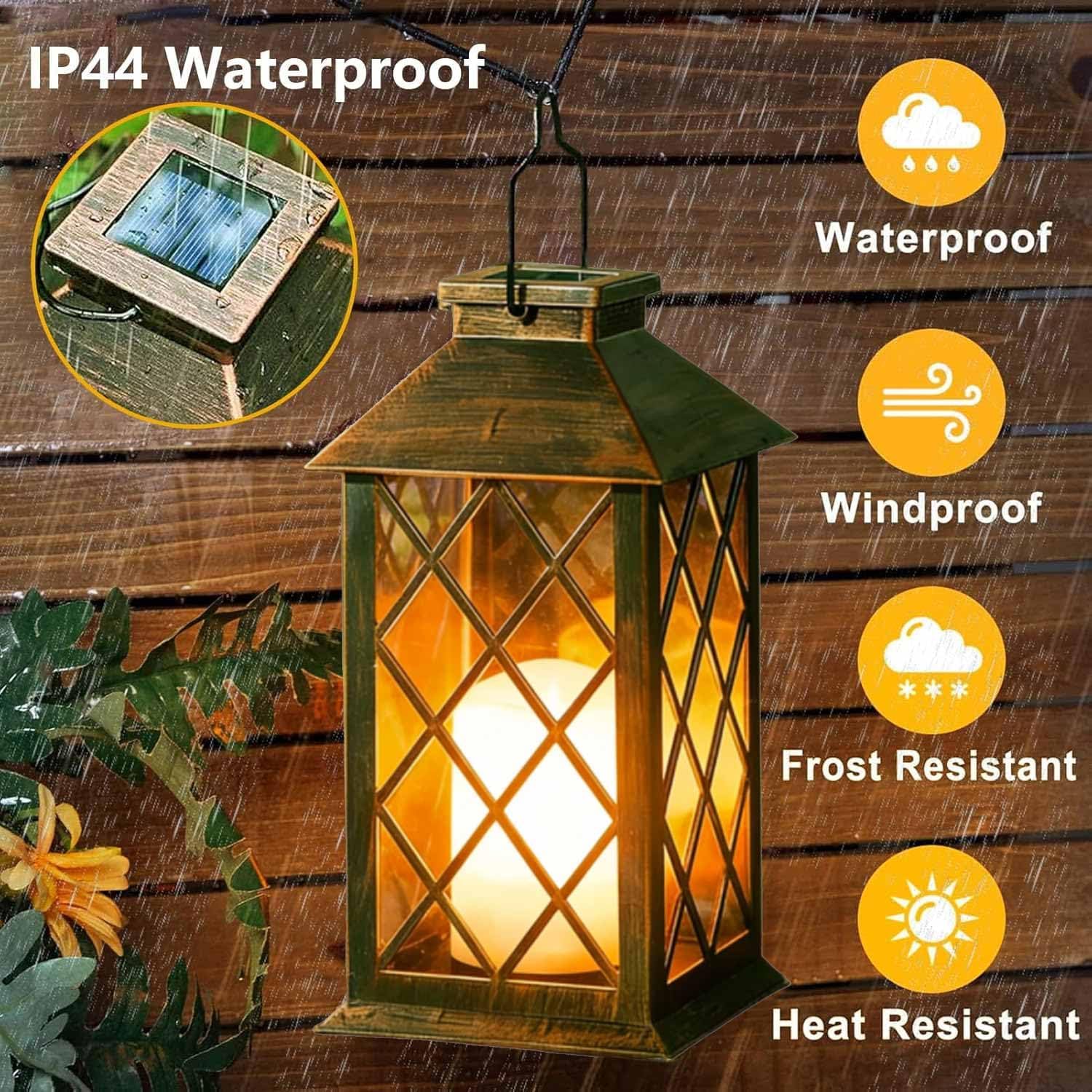 2 Pack 9" Medium Tempered Glass Solar Lanterns Outdoor Waterproof | Hanging Solar Lights with Flickering Flameless