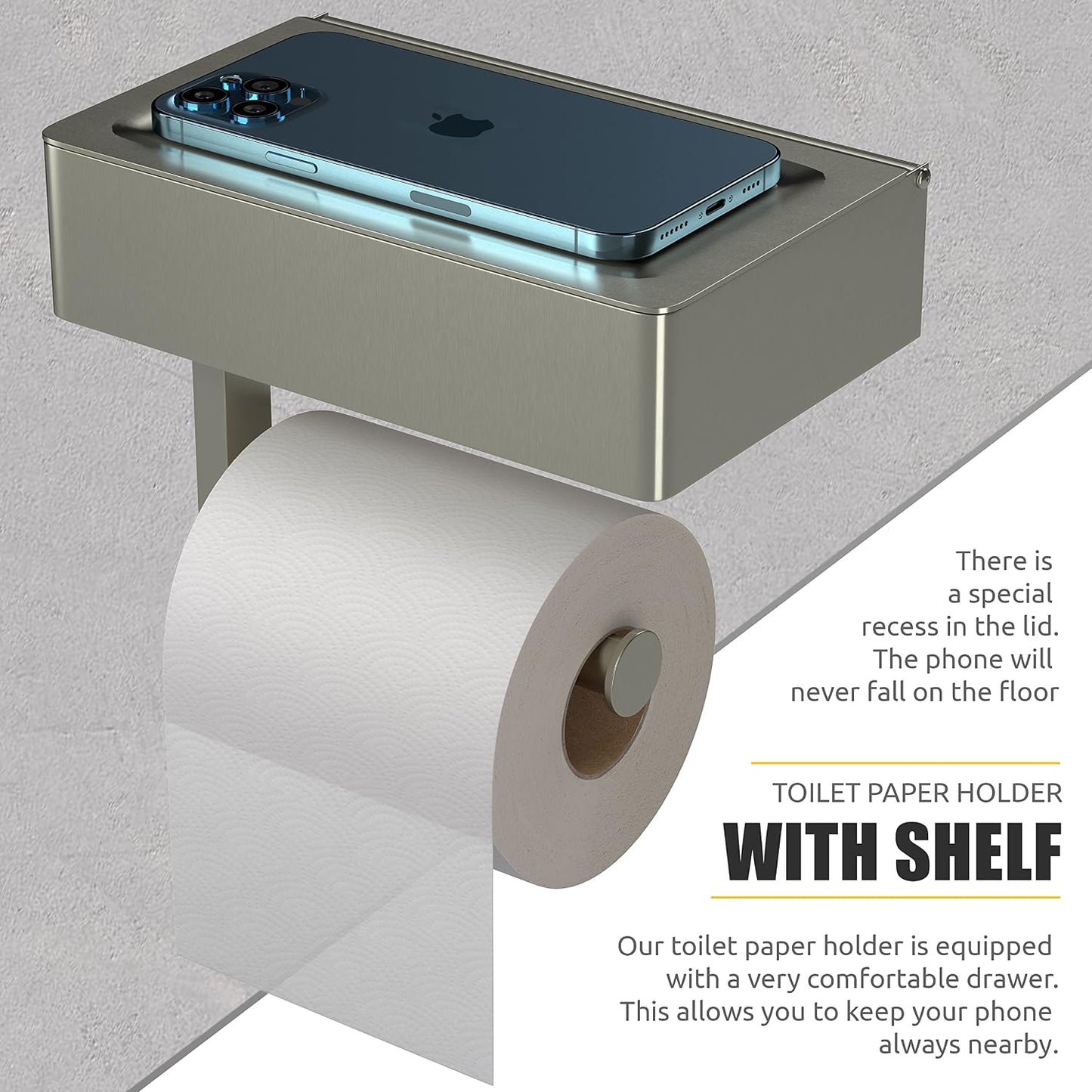 Brushed Nickel Toilet Paper Holder Wall Mounted with Shelf & Wipes Storage – Stainless Steel SUS304 Modern Toilet