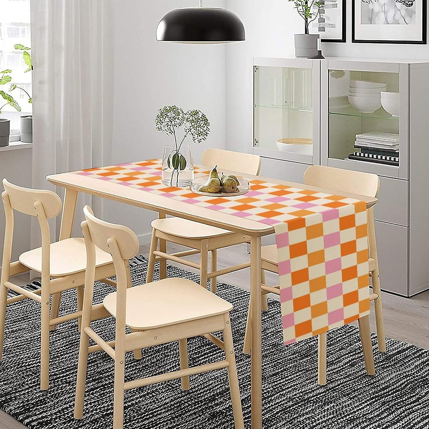 Hippie Table Runner Vintage Geometric Square Grid Yellow Orange Pink 1960s 1970s Retro Country Farmhouse Dinner Runner