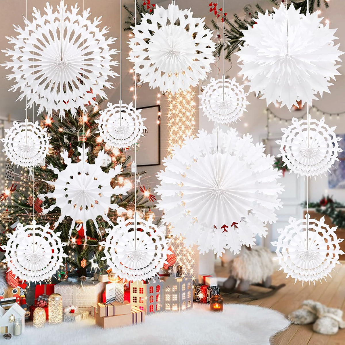 BestoFun 12 PCS White Paper Snowflake Decorations Frozen Birthday Party Supplies Winter Wonderland Party Decorations Christmas Large Snowflake Decorations Hanging Snowflake Decorations