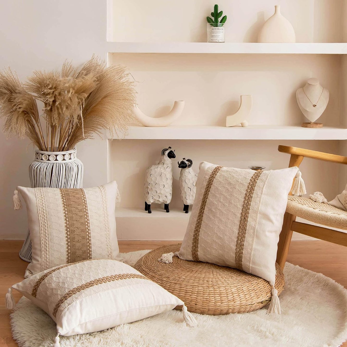 Boho Neutral Pillow Cushion / 18 x 18 / Double Stripe / Set of 2