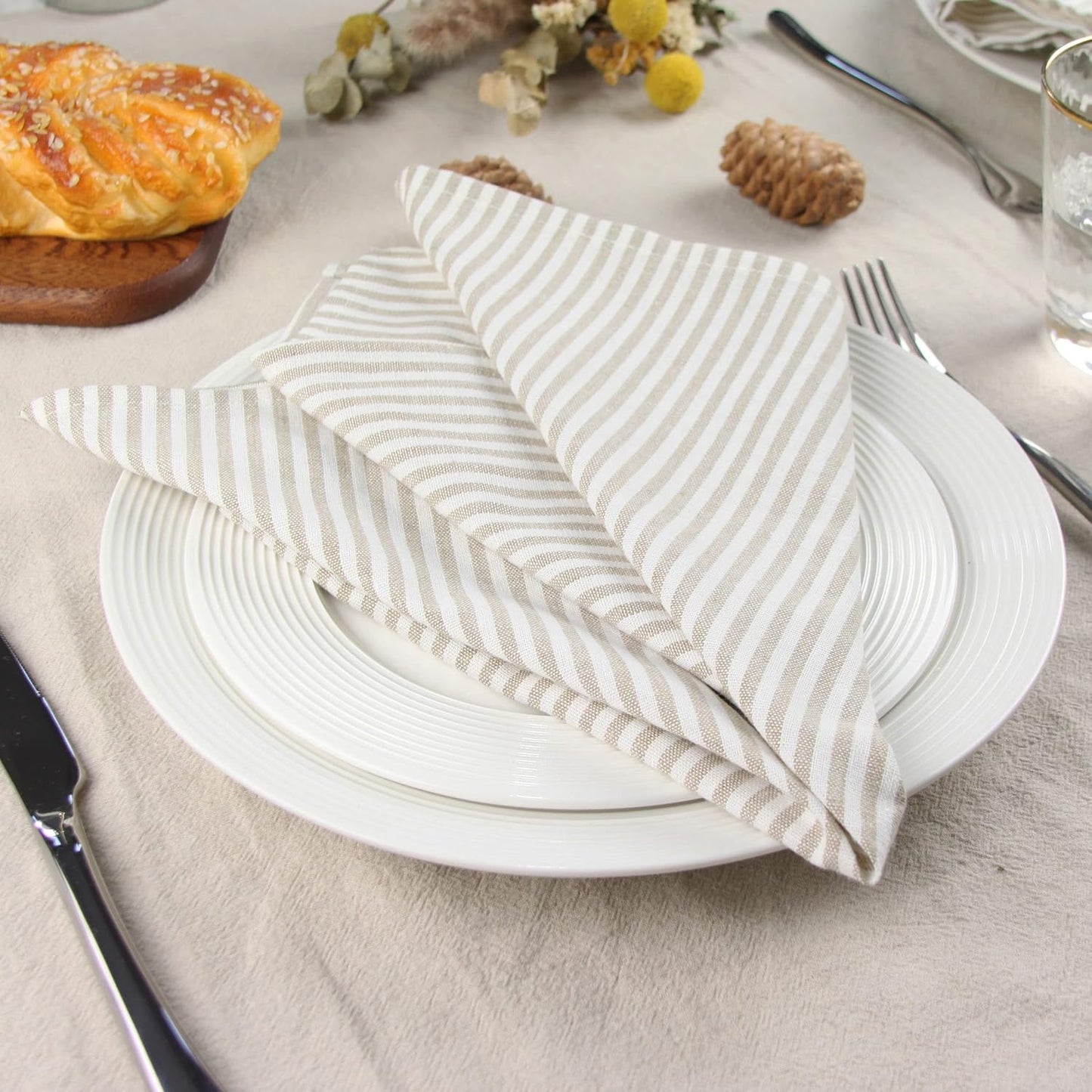 Plain Striped Cotton Linen Blended Dinner Cloth Napkins - Set of 12 (17 x 17 inches) - for Events & Home Use (Beige)