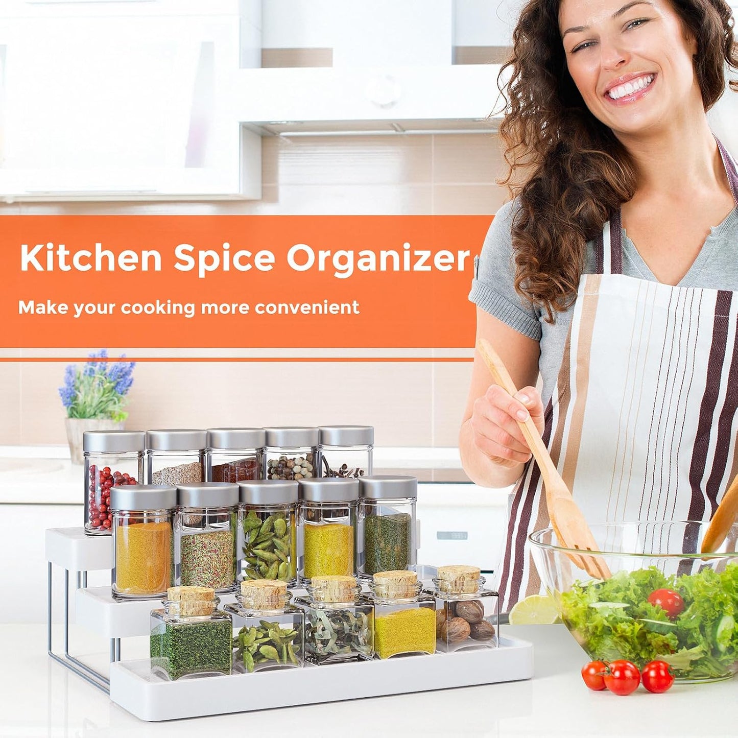 2 Pack Expandable Spice Rack Organizer for Cabinet - 3 Tier Adjustable Cabinet Spice Organizer Easy Visibility - Spice