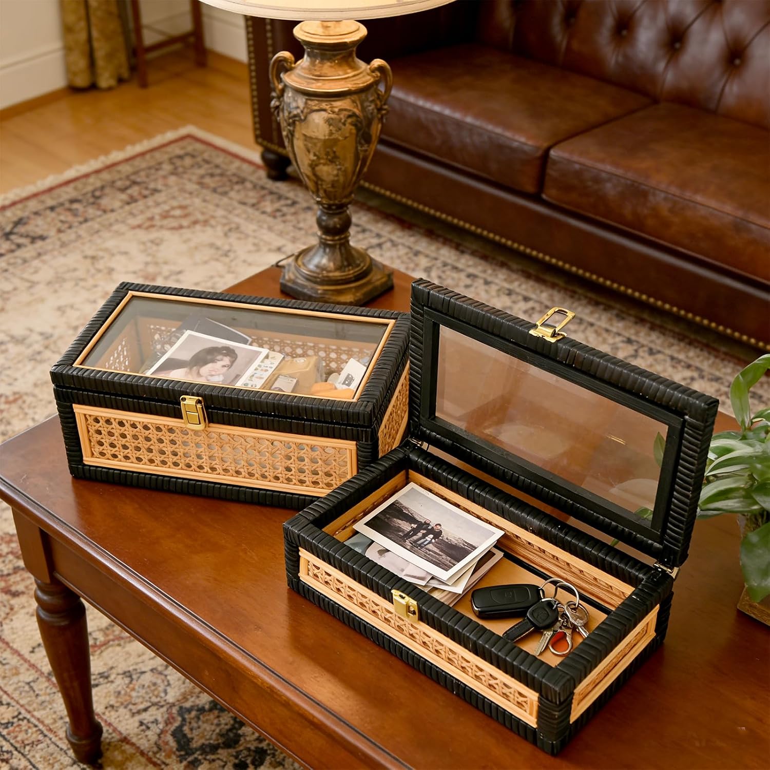 Black Rattan Decorative Storage Boxes / 14.1 x 8.2 x 5.1 / Rattan&black / Set of 2