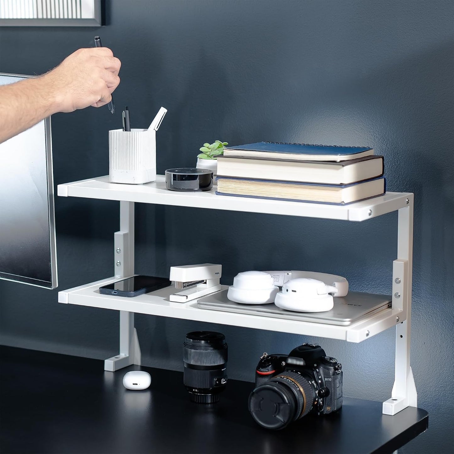 VIVO White Clamp-on 24 inch 2-Tier Desk Shelf, STAND-SHELF24C-W | Above or Below Desk, 2 Level Shelving Unit for Table