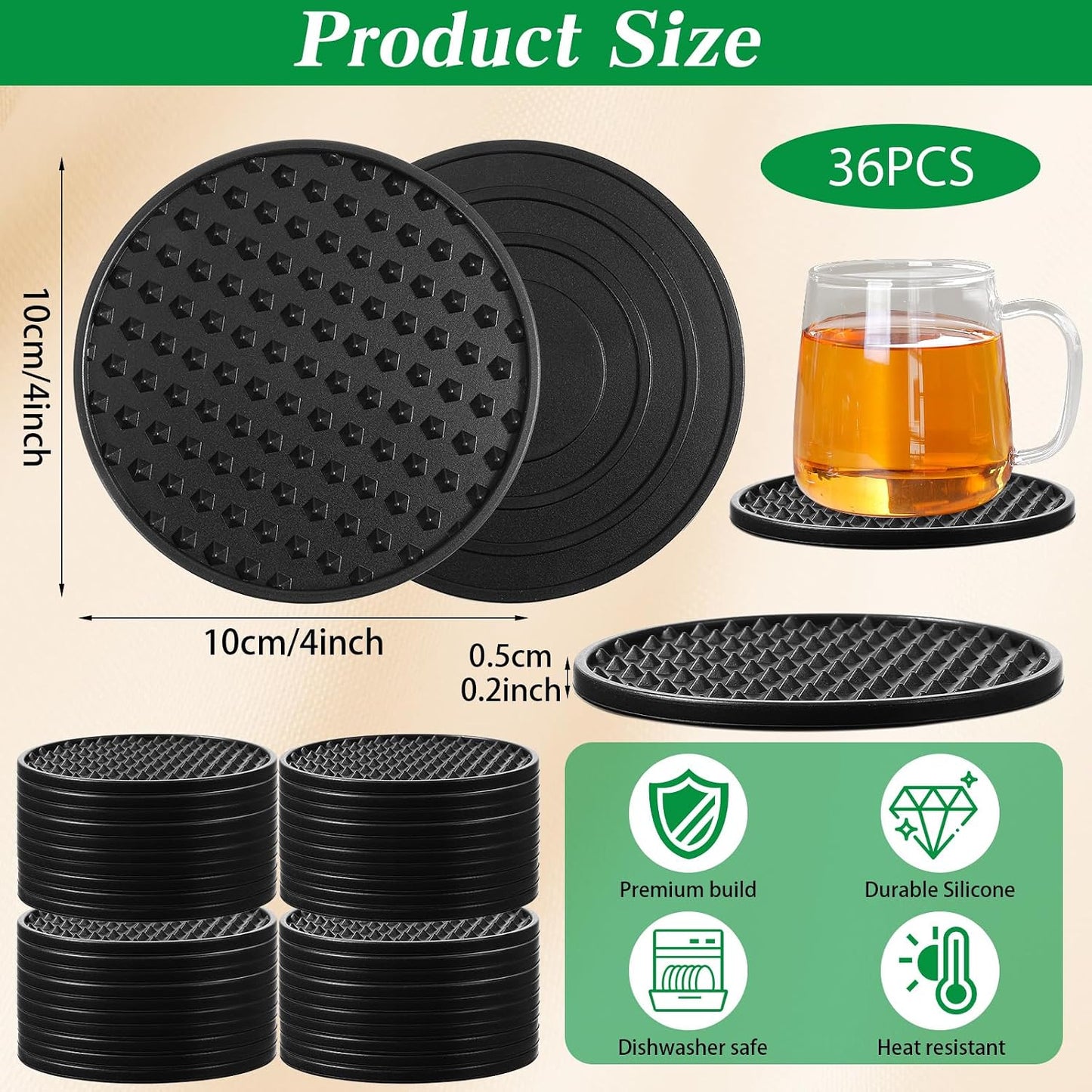 Silicone Coasters for Drinks Nonslip Silicone Drink Coasters Cold Hot Heat Resistant / Set of 36